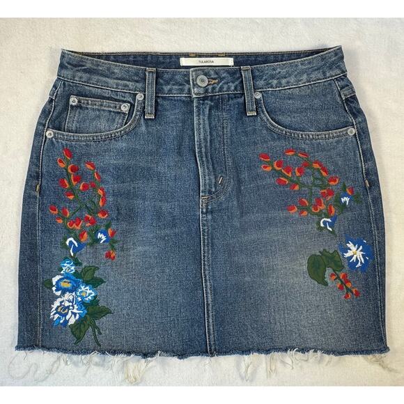 Tularosa embroidered denim mini skirt flower blue jean cut off 27 S 4 6 - Picture 1 of 8